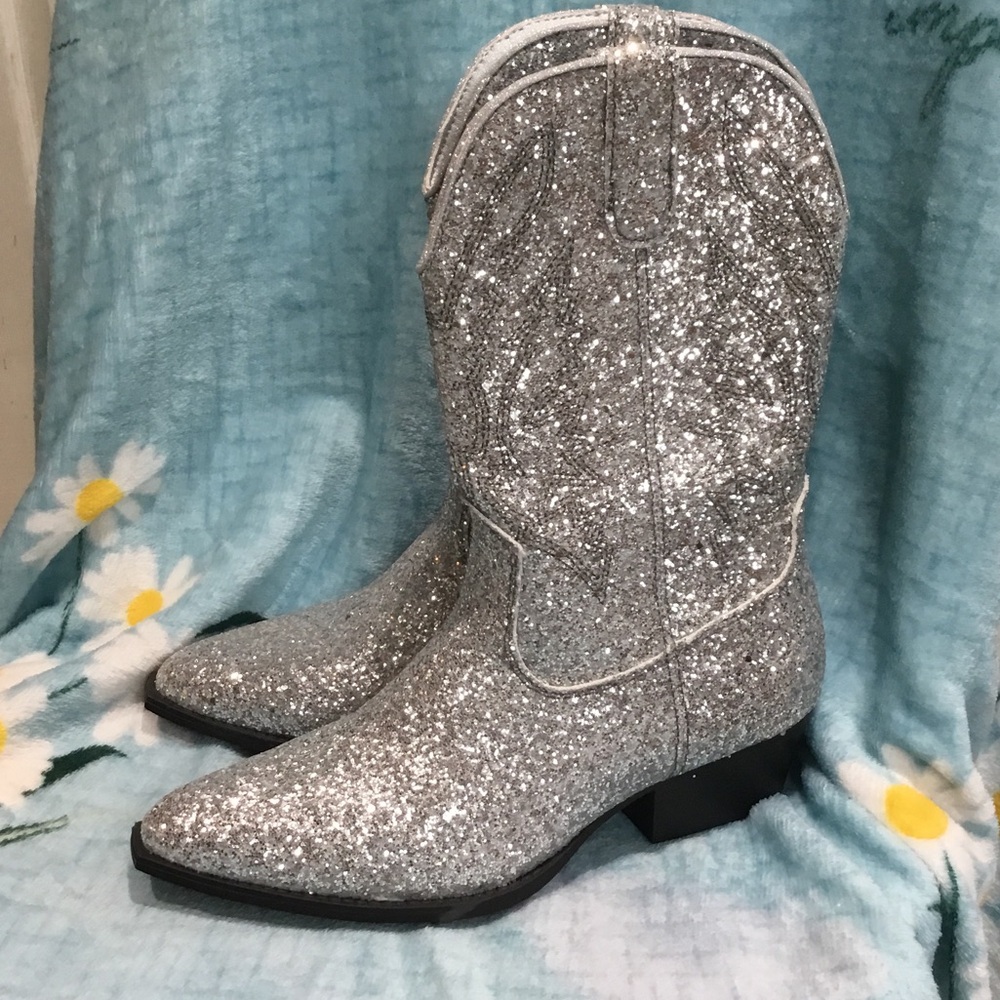 Silver Glitter Western Heeled Boots for Women